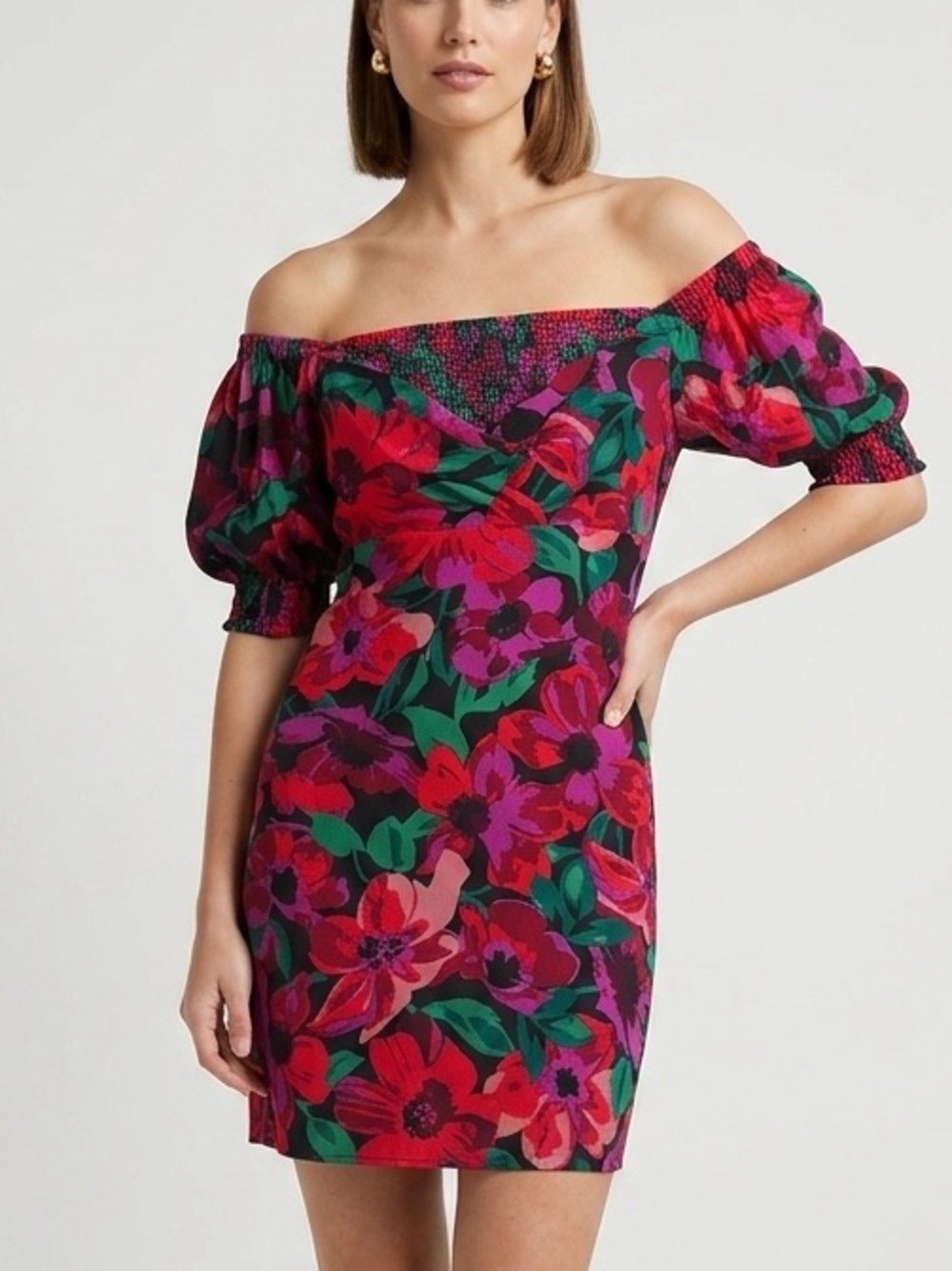 NWT Reitmans Off-Shoulder Summer Floral Linen Blend Mini Dress Size Large